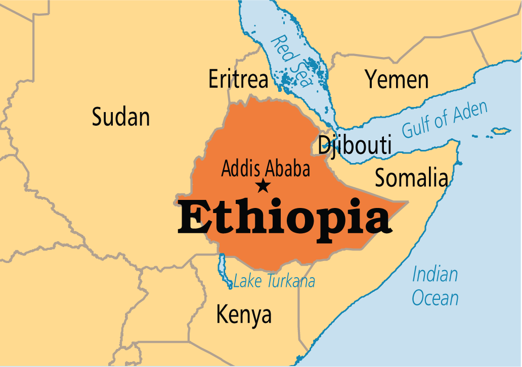 A map showing Ethiopia and the neighboring countries of Eritrea, Sudan, Yemen, Djibouti, Somalia, and Kenya with a star in the middle of Ethiopia where Addis Ababa is. 